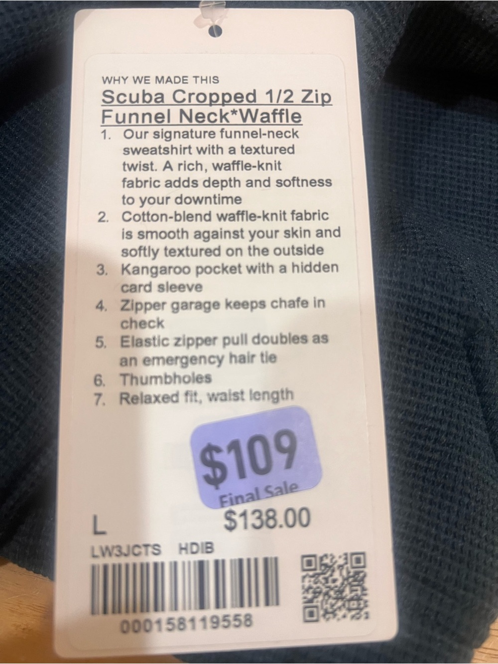 lululemon athletica Women's Half-Zip Scuba Cropped Funnel Neck Waffle size:L - Picture 6 of 6